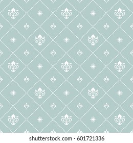 Seamless vector light blue and white pattern. Modern geometric ornament with royal lilies. Classic vintage background