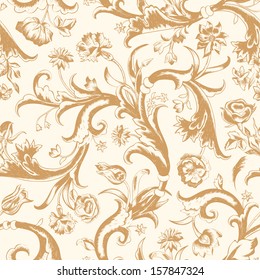 Seamless vector light vintage floral pattern in baroque style. Brown swirls and roses, carnations, tulips on a beige background.