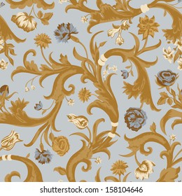 Seamless vector light vintage floral pattern in baroque style. Beige and gray-blue flowers with gold swirls on a blue pale background.