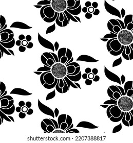 Seamless vector line art pattern made of black flowers on white