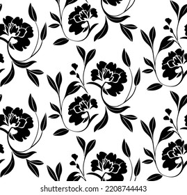 Seamless vector line art pattern made of black flowers on white