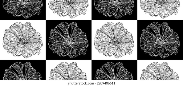 Seamless vector line art pattern made of black and white blooming flowers, checkerboard coloring and arrangement