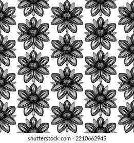 Seamless vector line art pattern made of black hand drawn flowers on white, retro engraving style