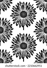 Seamless vector line art pattern made of hand drawn blooming sunflower flowers on white