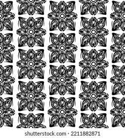 Seamless vector line art pattern made of flowers, black and white