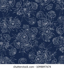Seamless vector line flower pattern on dark background.