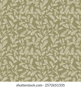 Seamless vector line leaf and twig pattern on green background. Hand drawn floral botanical wallpaper. Vector illustration.