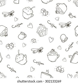 Seamless vector line pattern with cakes, sweets and coffee on the white background