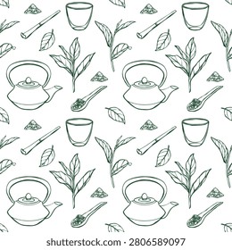 Seamless vector line pattern with matcha tea leaves, kettle, cup, bamboo whisk, spoon and tea powder. Hand drawn green tea background for packaging, textiles, wrapping paper, labels and branding.