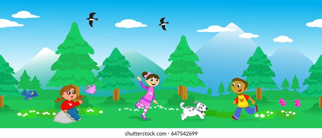 Seamless vector line of trees in mountainous landscape with happy kids playing