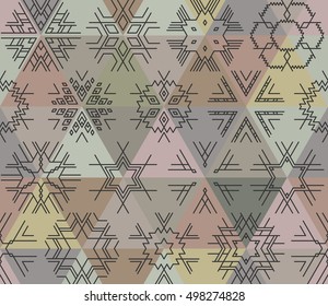 Seamless vector linear geometric pattern of black snowflakes, triangles on background. Hipster style, gray and purple shades.