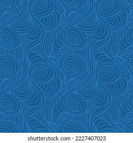 Seamless vector linear pattern of blue smooth lines of spirals and swirls. Marine seamless texture of thin graceful lines and arcs.