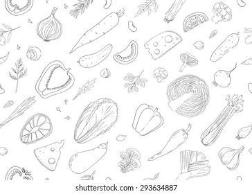 Seamless vector Linear Pattern.  Fish, lemon, herb, tomato, cheese, broccoli, cauliflower, lettuce, radishes, nuts, cucumber, carrots, celery, onions, mushrooms, garlic, cabbage, eggplant, peas.