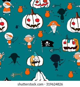 seamless vector little funny pirates and Halloween pumpkins on green background with silhouettes for holidays design