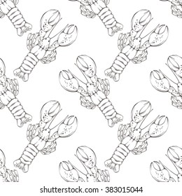 Seamless vector lobster pattern on white background.
