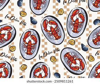 Seamless  Vector Lobsters  plates Summer party meal Seamless pattern Vector Illustration ,Marine Life Pattern Design for fashion , fabric, textile, wallpaper , wrapping and all prints