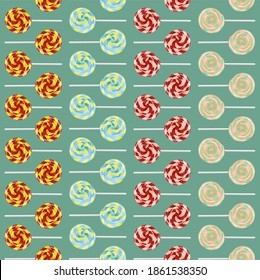 Seamless vector lollipop pattern. Symmetrically placed repeating lollipops on a light green background. Funny candy.