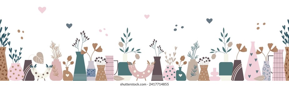Seamless vector long background with abstract, whimsical and dry flowers in different shape vases. Minimalistic natural and ceramic banner, isolated on a white.
