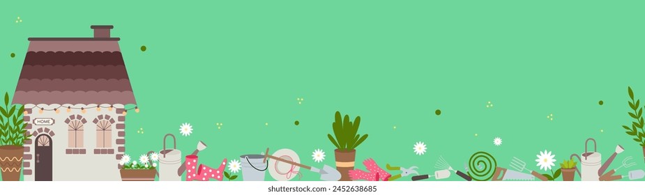 Seamless vector long panoramic background with house and garden tools, watering can, pot with flowers, straw hat, gloves and boots, rake, shovel.
