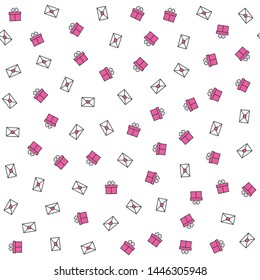 Seamless vector love letter and pink gift boxes white background. Chaotic romantic objects for Happy Valentine's Day. Pattern for design, fabric, textile, advertising banner, wrapping, cover.