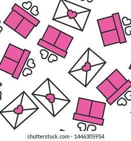 Seamless vector love letter and pink gift boxes white background. Chaotic romantic objects for Happy Valentine's Day. Pattern for design, fabric, textile, advertising banner, wrapping, cover.