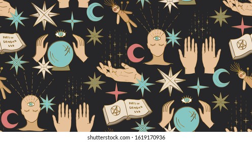 Seamless vector magic mystery pattern. Occult background. Astronomy and Astrology objects. For fabric, textile, wrapping, web, cover etc. 10 eps design.