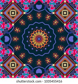 Seamless Vector Mandala Pattern. Vintage Decorative Elements In Boho Style. Indian, Tibetan, Ottoman Motifs In Black, Gray And Blue Colors.