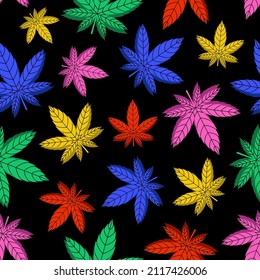 Marihuana vectorial sin foco, patrón de hojas de cannabis sobre fondo negro.