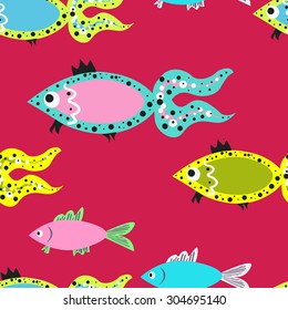 Seamless vector marine background. Children's vector fish background. Pattern with cute fishes