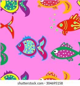 Seamless vector marine background. Children's vector fish background. Pattern with cute fishes