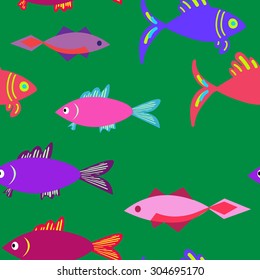 Seamless vector marine background. Children's vector fish background. Pattern with cute fishes