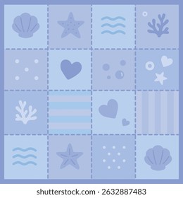 Naadloze vector marine patchwork patroon in zachte paarse tinten. Inclusief schelpen, koralen, golven, bubbels en harten. Perfect voor kinderproducten, textiel, scrapbooking, ontwerpen met zomerthema's, pakketten