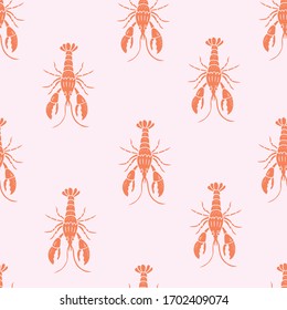 Seamless vector marine pattern background with red lobsters on pink background. Vector polka dot animal texture. Perfect for wallpapers, web page backgrounds, fabric print design.