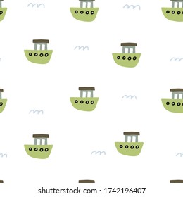Seamless vector marine pattern with boats. For cards, t-shirt prints, birthday, party invitations, scrapbook, summer holidays. Vector illustration in green colors