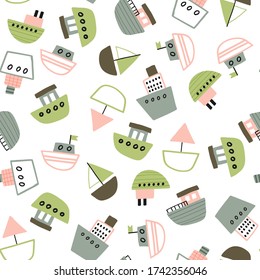 Seamless vector marine pattern with boats. For cards, t-shirt prints, birthday, party invitations, scrapbook, summer holidays. Vector illustration in green and pink colors