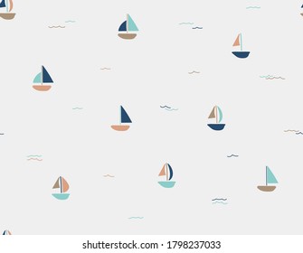 Seamless vector marine pattern with boats. For cards, t-shirt prints, birthday, party invitations, scrapbook, summer holidays. Vector illustration in green and pink colors