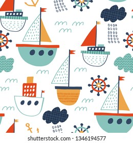 Seamless vector marine pattern. For cards, t-shirt prints, birthday, party invitations, scrapbook, summer holidays. Vector illustration in red, yellow and blue colors