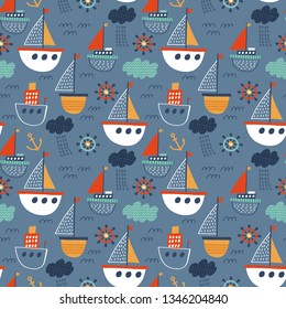 Seamless vector marine pattern. For cards, t-shirt prints, birthday, party invitations, scrapbook, summer holidays. Vector illustration in red, yellow and blue colors