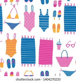 Seamless vector marine pattern. For cards, t-shirt prints, birthday, party invitations, scrapbook, summer holidays. Vector illustration in pink, yellow and blue colors