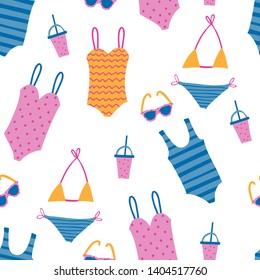 Seamless vector marine pattern. For cards, t-shirt prints, birthday, party invitations, scrapbook, summer holidays. Vector illustration in pink, yellow and blue colors