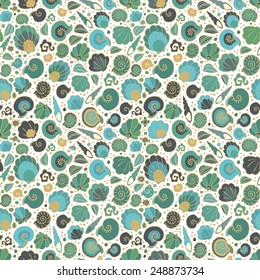 Seamless vector marine  pattern with conch, sea shells