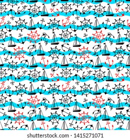 Seamless vector marine pattern. Consist of marine elements: anchor, boat, steering wheel. Vector hand drawn illustration.
