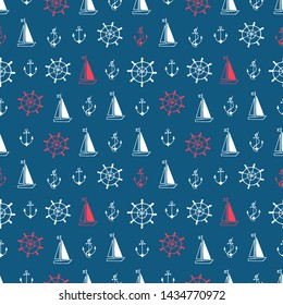 Seamless vector marine pattern. Consist of marine elements: anchor, boat, steering wheel. Vector hand drawn illustration.