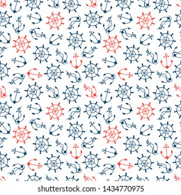 Seamless vector marine pattern. Consist of marine elements: anchor, boat, steering wheel. Vector hand drawn illustration.