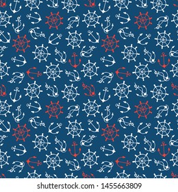 Seamless vector marine pattern. Consist of marine elements: anchor, boat, steering wheel. Vector hand drawn illustration.