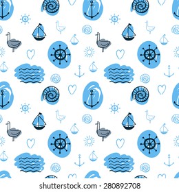 Seamless vector marine pattern. Consist of marine elements: whale, anchor, boat, waves, steering wheel, sun, heart, seagull, shell. Vector illustration. 