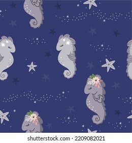Seamless vector marine pattern. Cute seahorses, starfish, flowers, seaweed, bubbles 