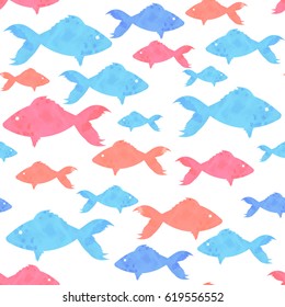 Seamless vector marine pattern with fishes in watercolor style.  Cartoon style. Good for design for children,