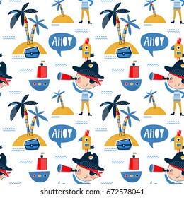 Seamless vector marine pattern with little pirates. For cards, t-shirt prints, birthday, party invitations, scrapbook, summer holidays. Vector illustration in red, yellow and blue colors.