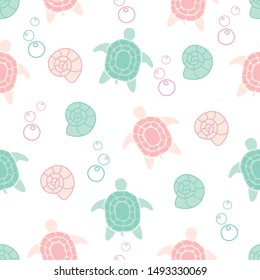 Seamless vector marine pattern. Sea turtles and seashells on white background.